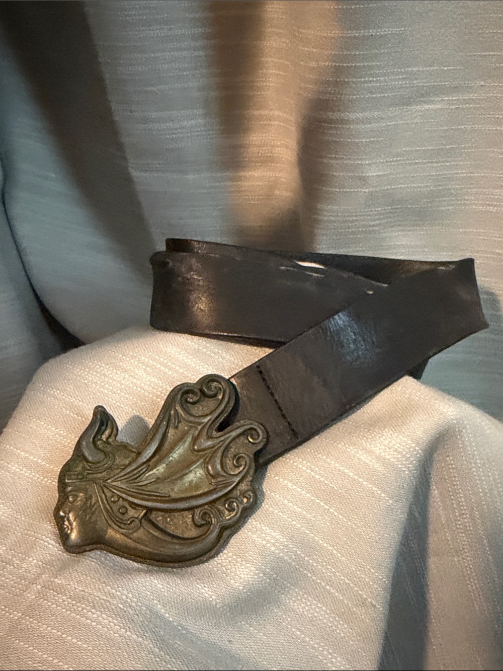 VINTAGE Diesel Distressed Black Leather Belt with Viking Buckle Wide Size 85